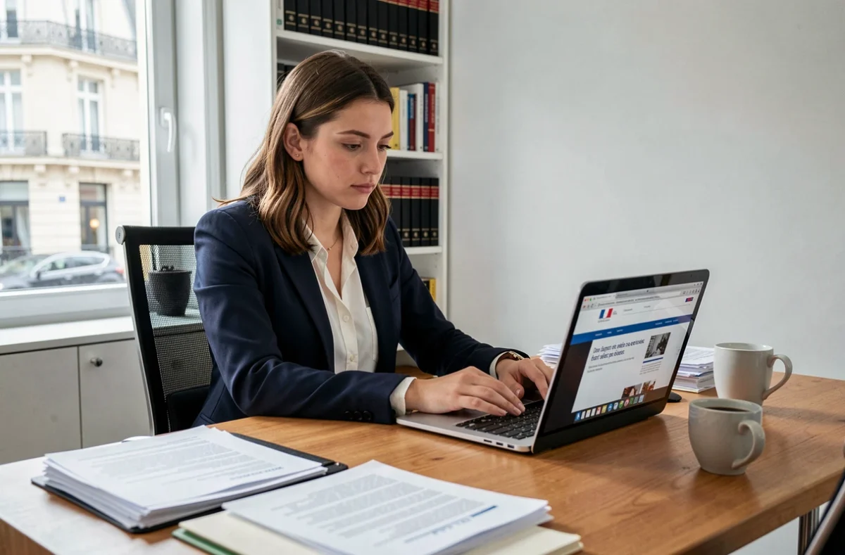 Jeune avocate en blazer marine révisant des documents administratifs liés au code NAF dans un bureau à domicile professionnel