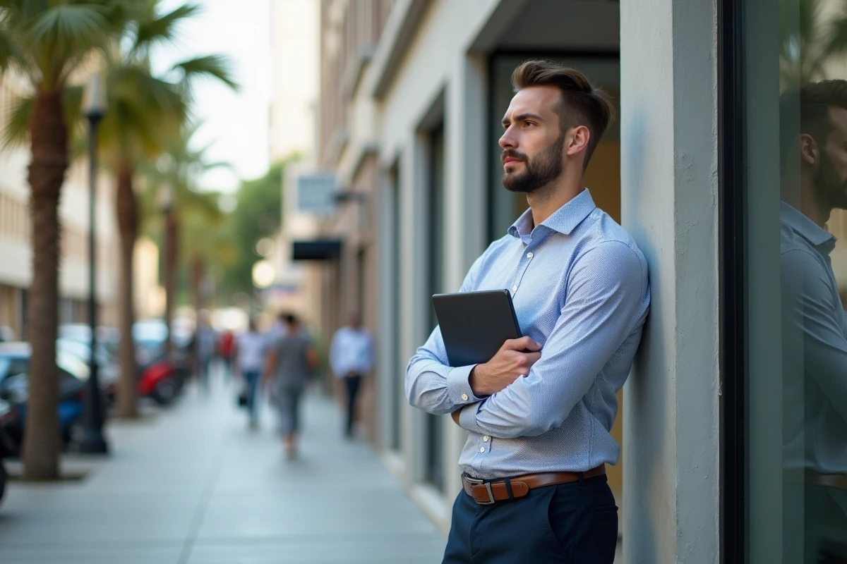 Jeune entrepreneur posant devant un b&acirc;timent d