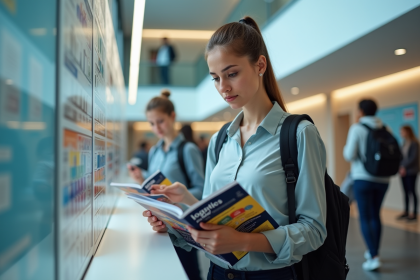 Jeune femme &eacute;tudiant brochures logistique &agrave; l'universit&eacute;