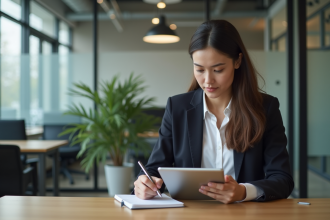 Jeune femme professionnelle travaillant sur une tablette dans un bureau moderne