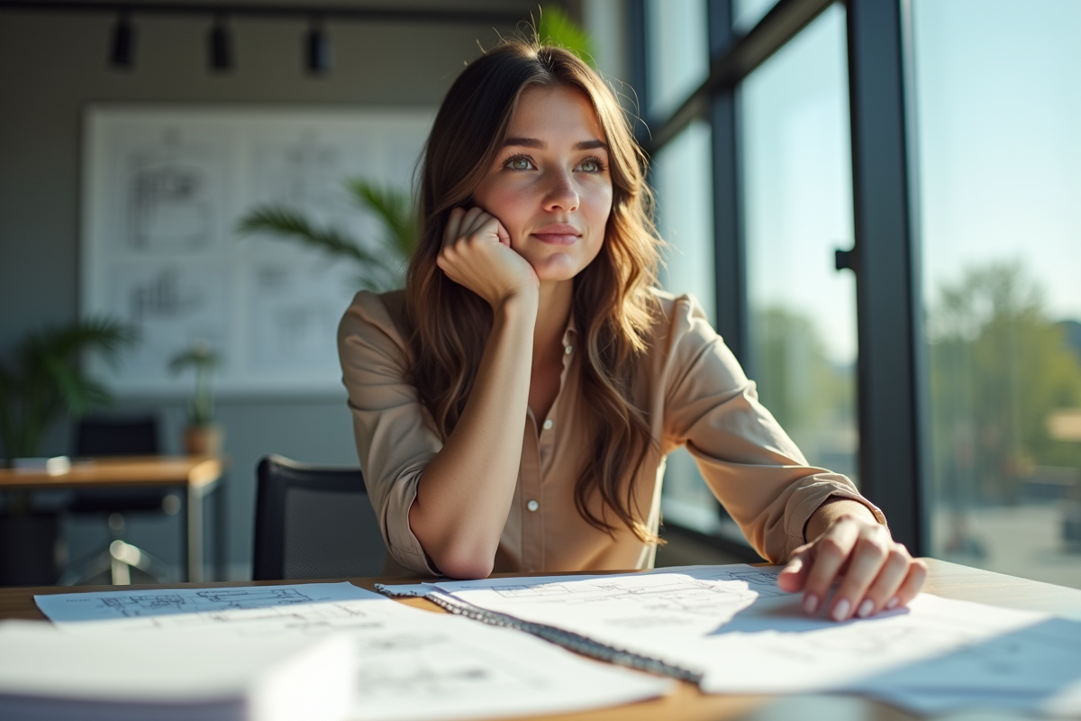 Jeune femme concentrée au bureau avec documents de brevet