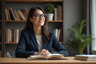 Jeune femme en bureau moderne lisant un livre avec sourire naturel