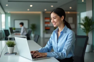 Jeune femme en bureau moderne travaillant sur son ordinateur