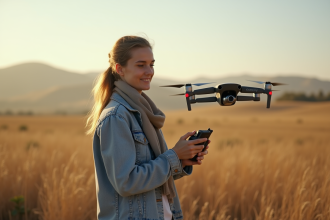 Jeune femme avec drone dans un champ ensoleille
