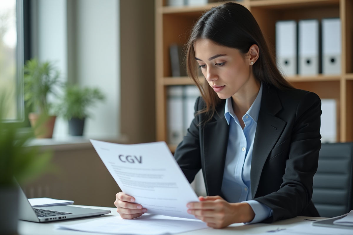 Jeune femme en bureau lisant un document CGV