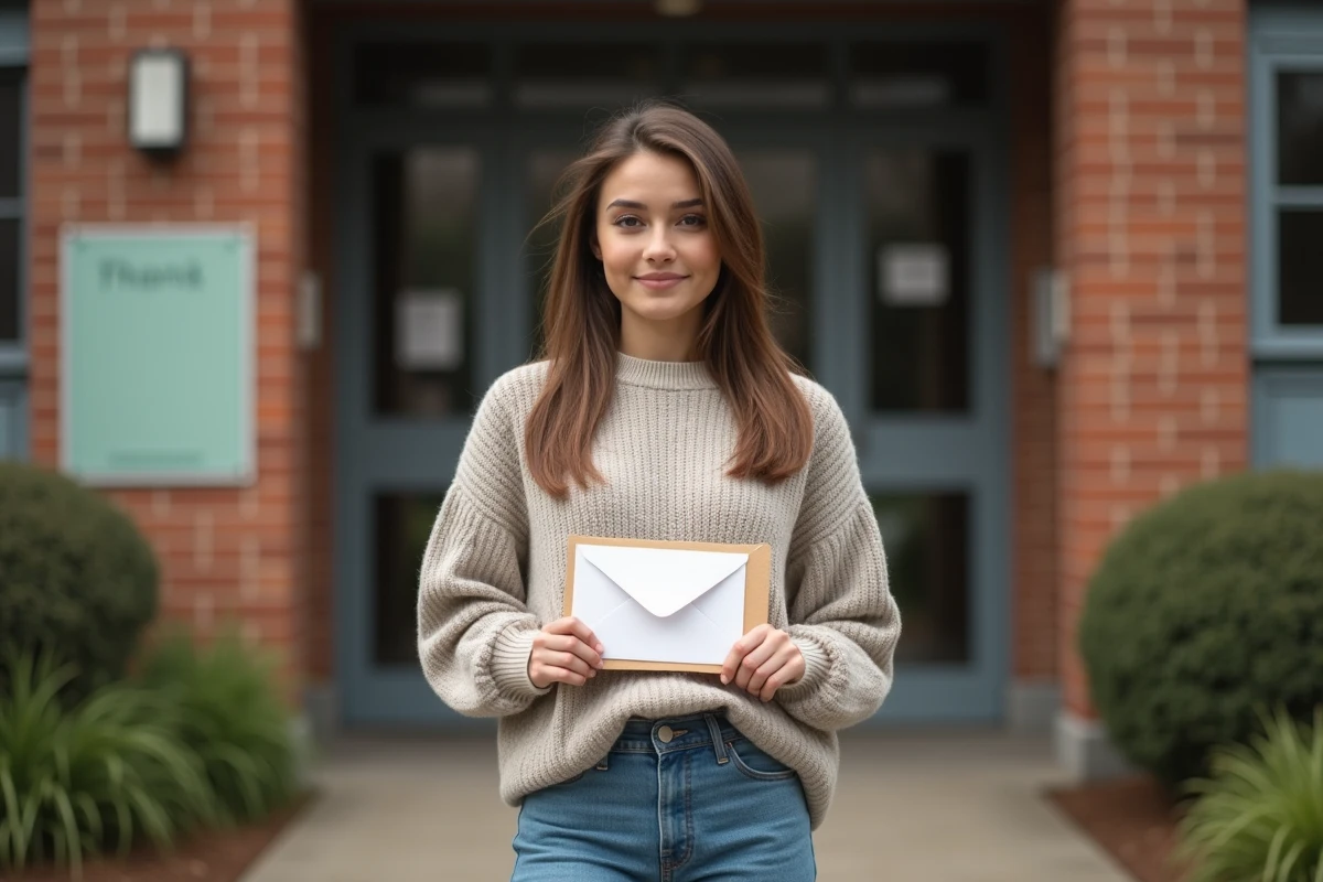 Jeune femme tenant une enveloppe de remerciement à l