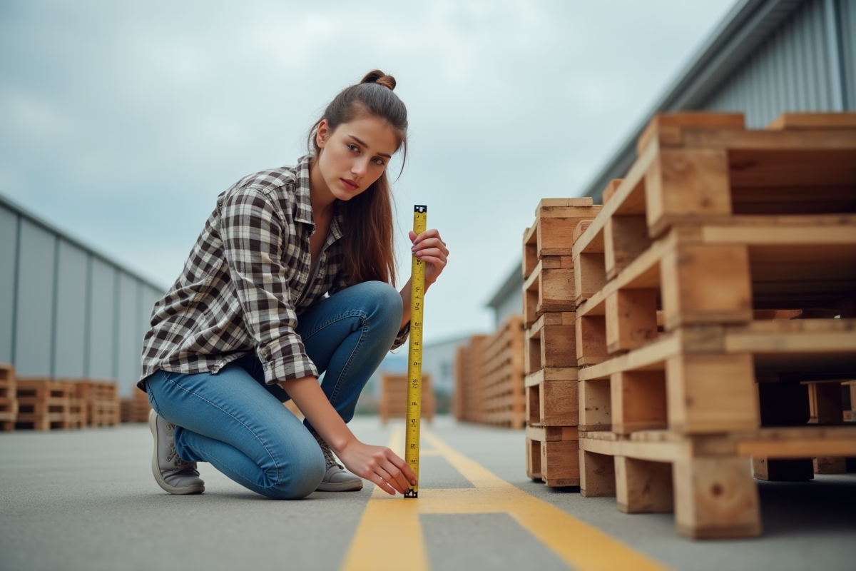 Jeune femme en extérieur mesurant des palettes avec un ruban