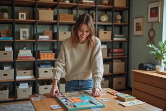 Femme arrangeant des jeux de société dans une salle moderne