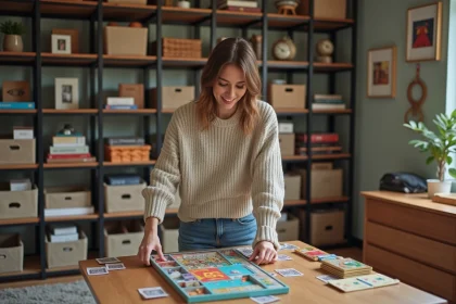 Femme arrangeant des jeux de société dans une salle moderne