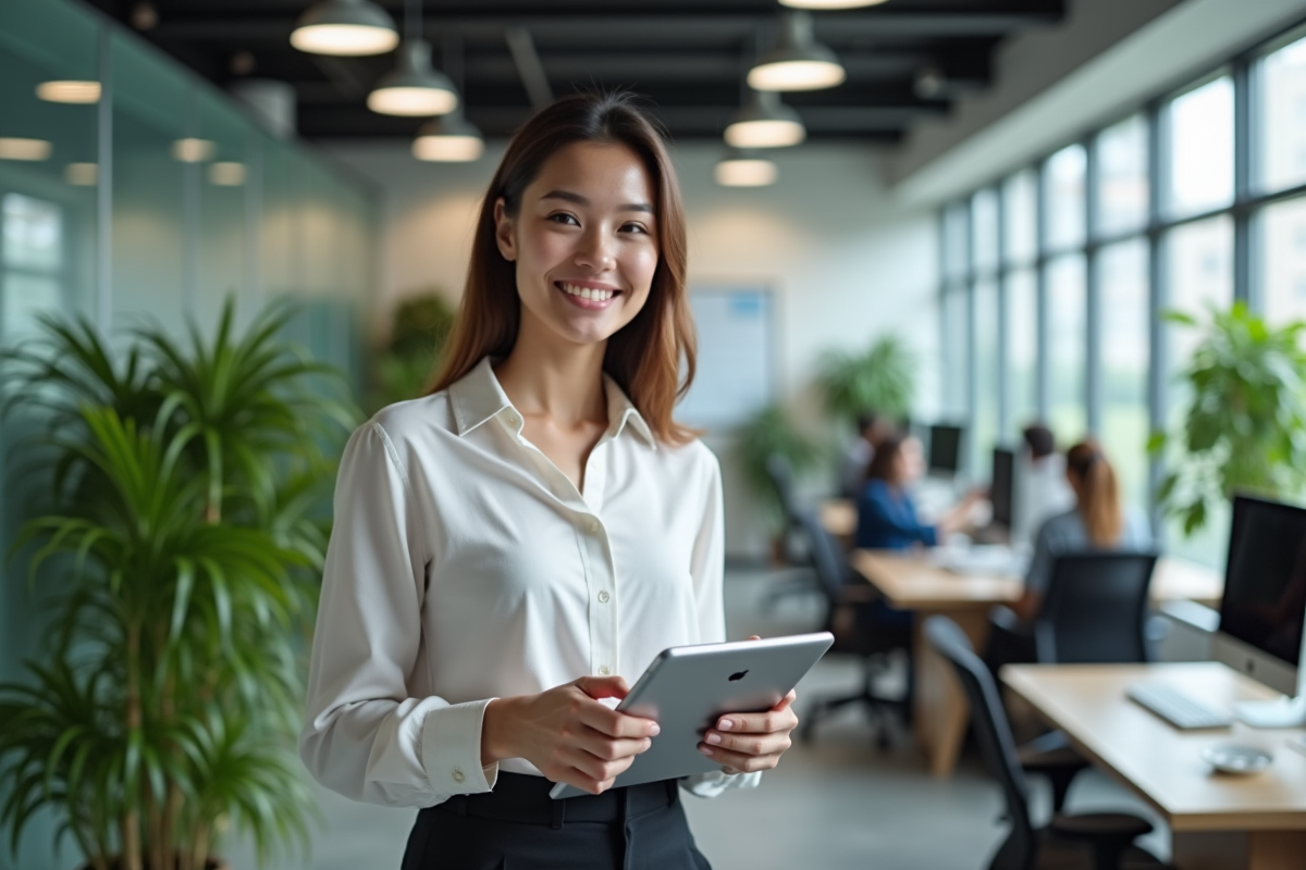 Jeune femme souriante avec tablette dans espace de coworking