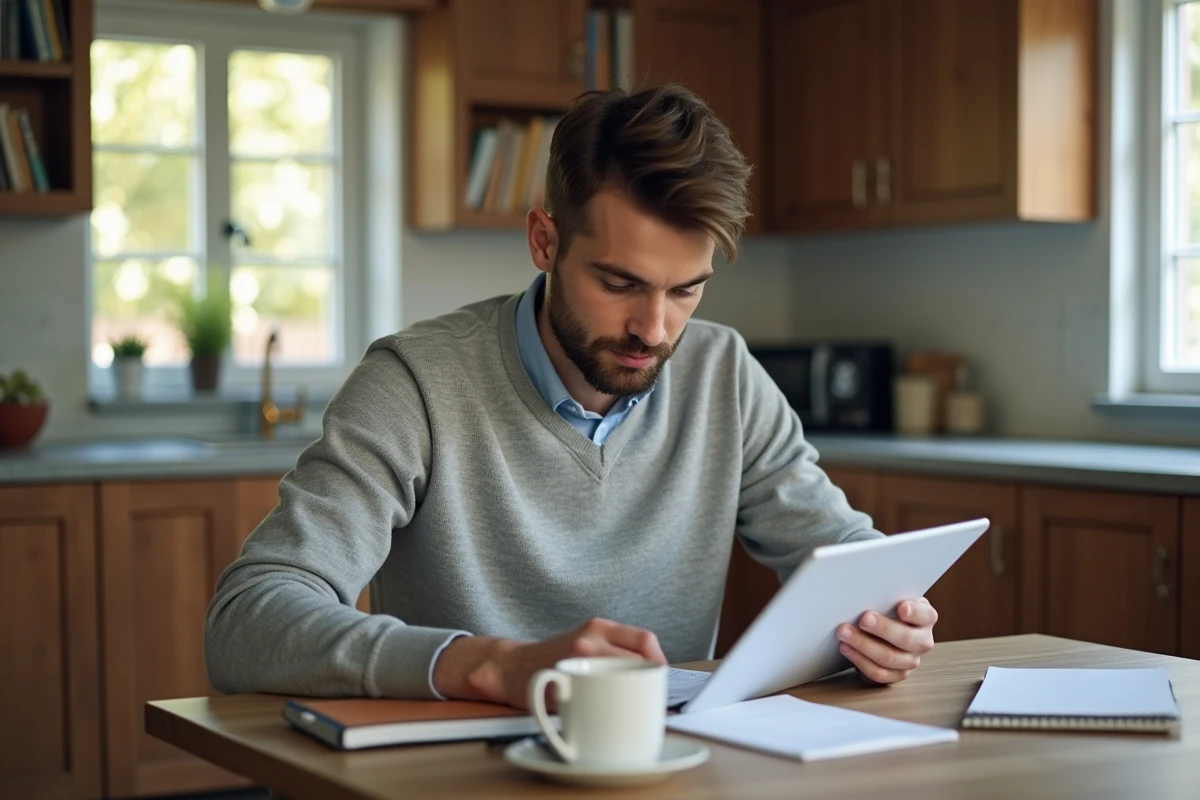 Jeune homme à la maison avec documents sur tablette