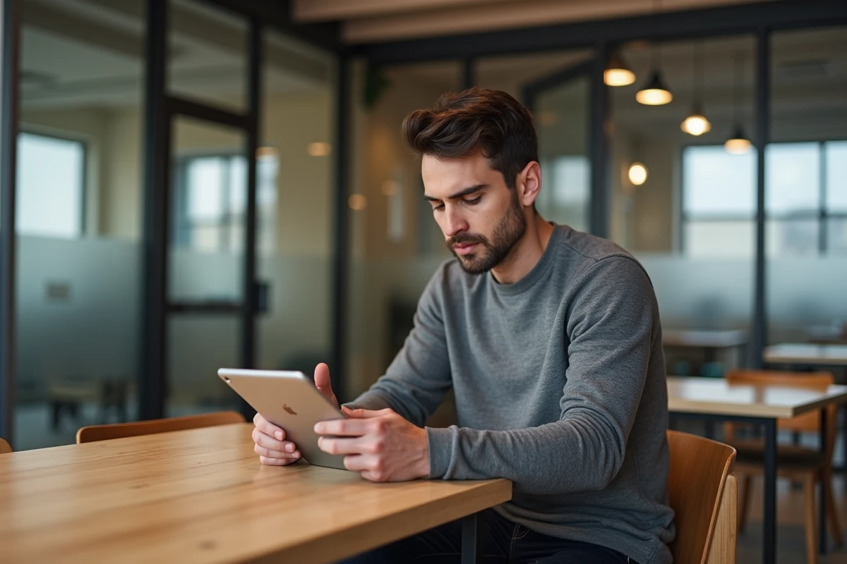 Jeune homme utilisant une tablette dans un espace de pause