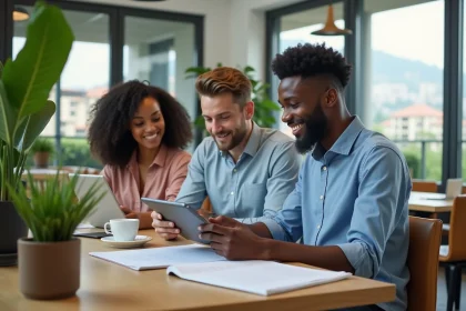 Groupe de jeunes entrepreneurs dans un espace coworking à Mayotte