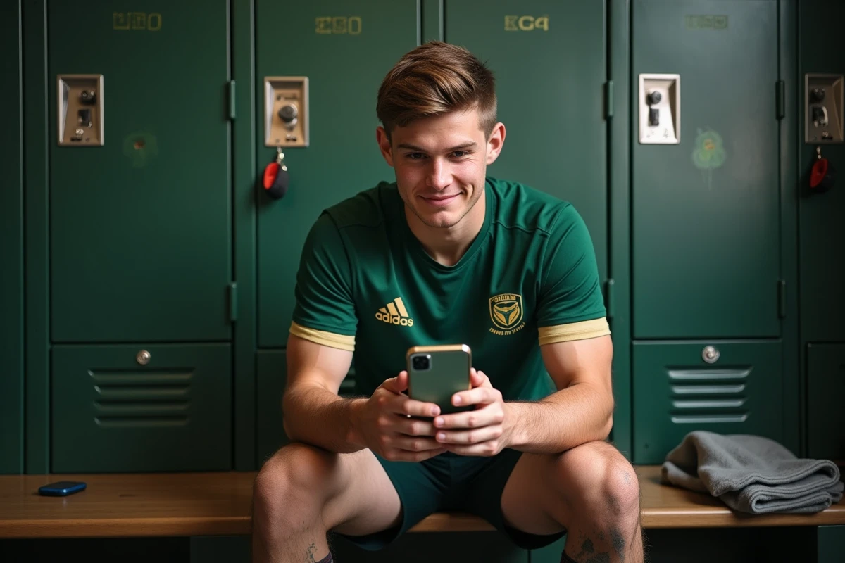 Joueur de rugby adolescent signalant un choc sur l'application mobile Brigyt dans un vestiaire après l'entraînement