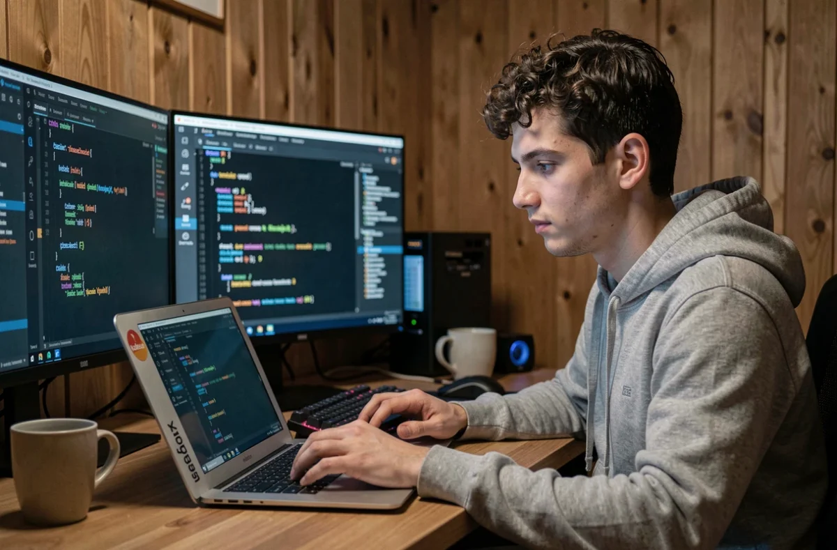 Développeur de l'agence Kodeeus codant une application web sur plusieurs écrans dans un studio technologique