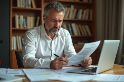Homme consultant des documents de solde de tout compte et lettres d'employeur sur un bureau à domicile