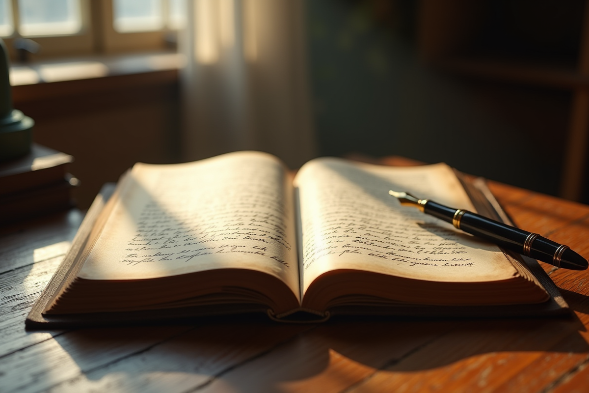 Livre vintage ouvert sur un bureau en bois avec plume et pages anciennes
