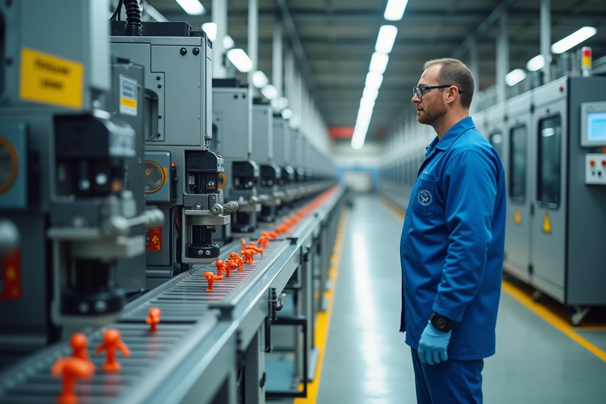 Machines de moulage par injection dans une usine de fabrication de jouets Playmobil avec un opérateur en uniforme bleu surveill le processus de production