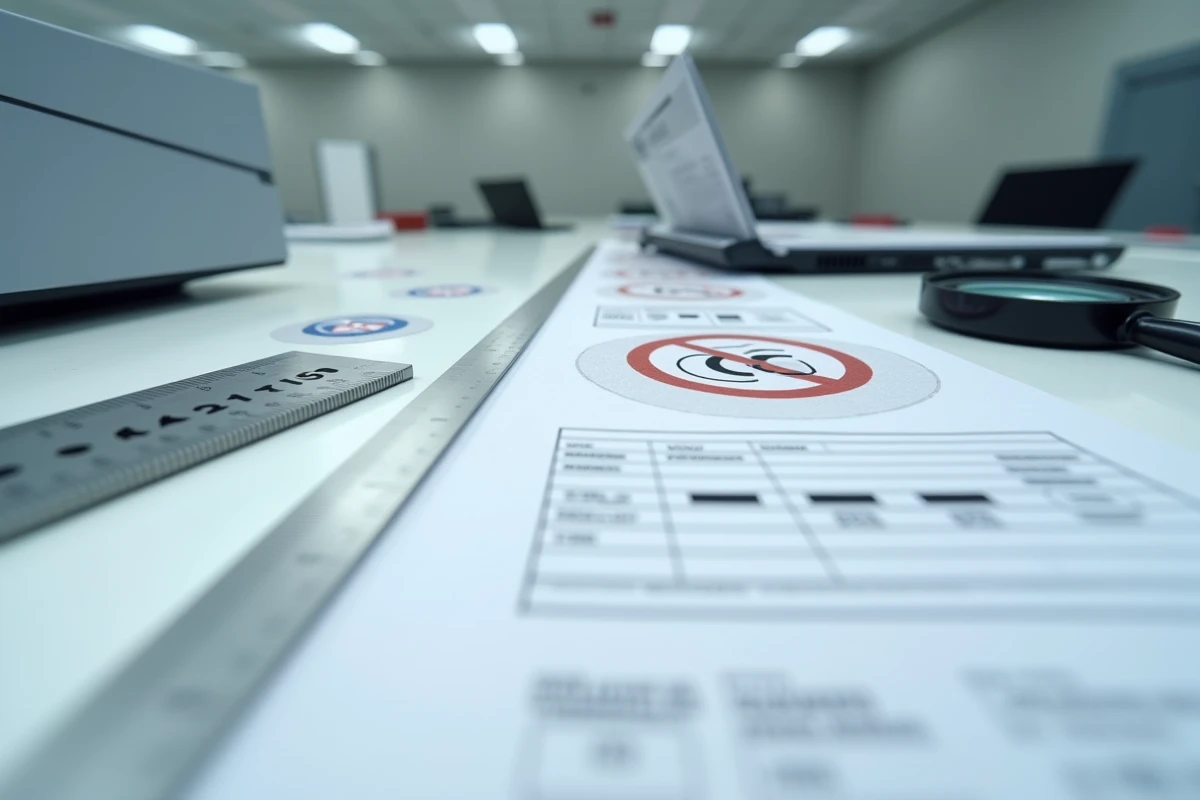 Vue macro de plusieurs étiquettes produit affichant des marquages CE de qualité variable disposées sur une table d'inspection douanière avec règle et checklist réglementaire européenne