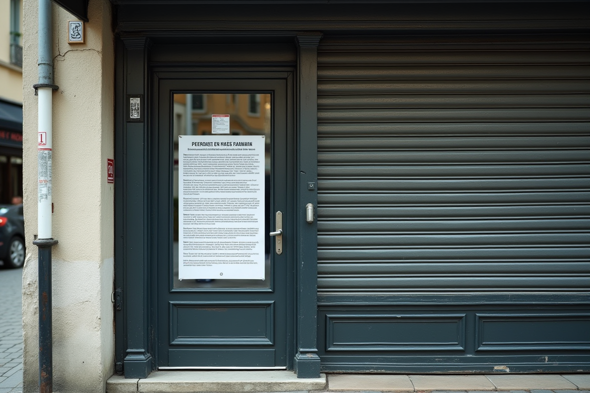 Magasin fermé avec porte métallique et affiche officielle