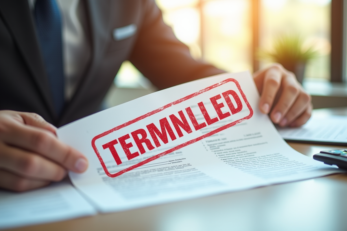 Main tenant un contrat avec tampon annule sur un bureau lumineux