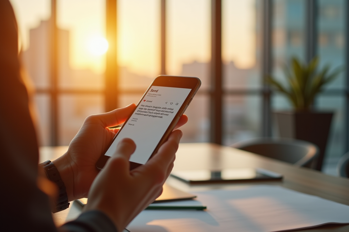 Main tenant un smartphone avec email envoyé en journée lumineuse
