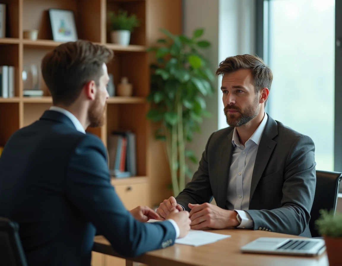 Homme manager en costume gris mentoring un jeune collègue dans un bureau chaleureux avec bibliothèque en bois