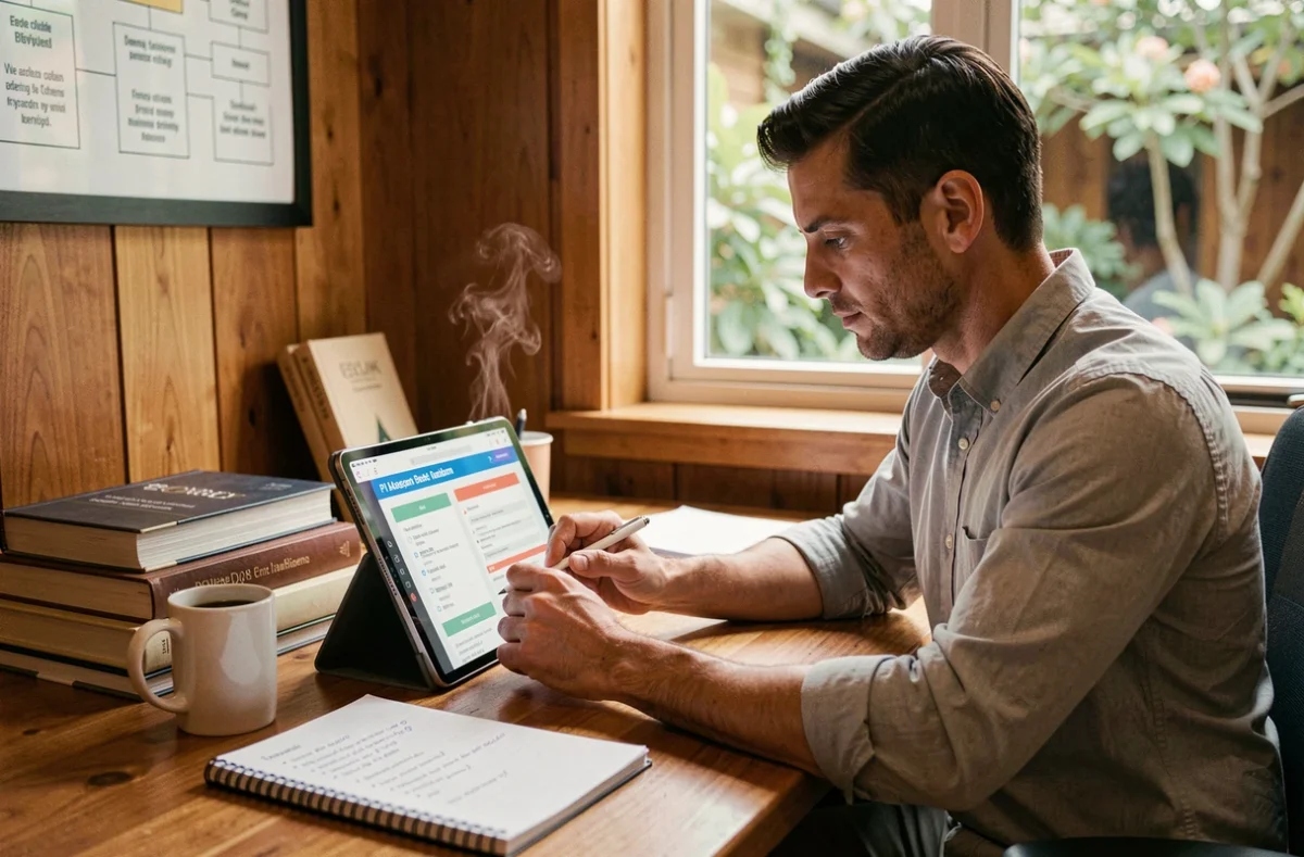 Manager masculin complétant seul un questionnaire de test PI sur tablette dans son bureau