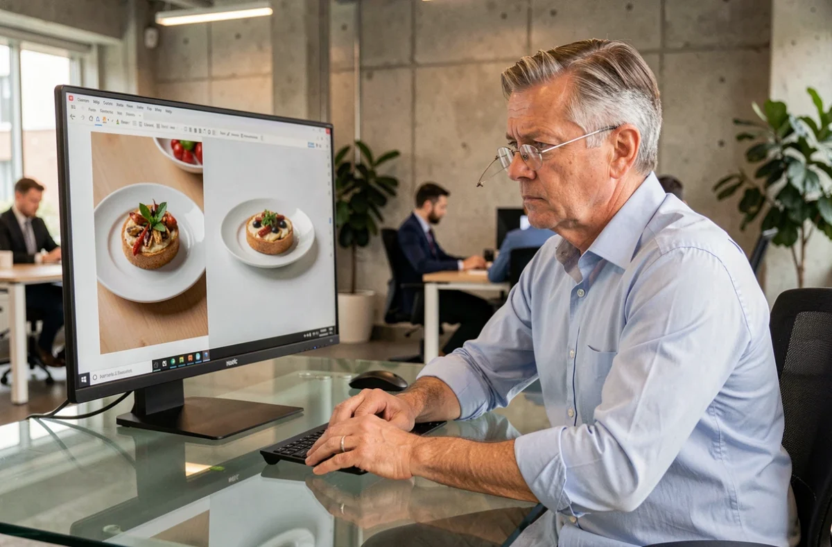 Responsable marketing analysant l'écart entre photo publicitaire retouchée et image réelle d'un produit alimentaire