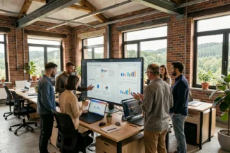 Vue d'ensemble d'une agence web moderne dans les Ardennes avec des professionnels travaillant sur des projets numériques