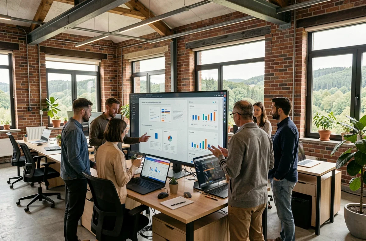 Vue d'ensemble d'une agence web moderne dans les Ardennes avec des professionnels travaillant sur des projets numériques