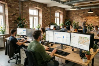 Espace de travail de consultants SEO en Moselle avec tableaux de bord analytiques et classements locaux sur plusieurs écrans