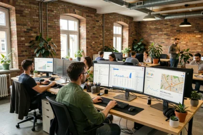 Espace de travail de consultants SEO en Moselle avec tableaux de bord analytiques et classements locaux sur plusieurs écrans