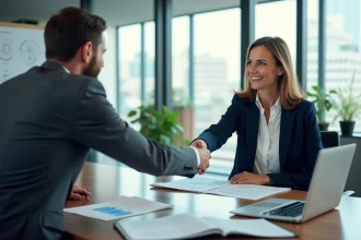 Deux dirigeants d'entreprise se serrant la main lors d'une mise en relation commerciale professionnelle dans un bureau moderne