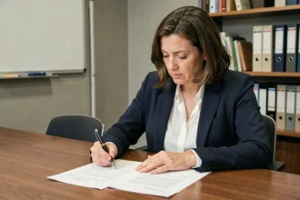 Femme en réunion consultant les statuts d'une association pour les modifier légalement