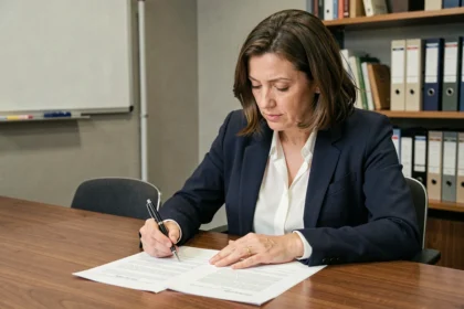 Femme en réunion consultant les statuts d'une association pour les modifier légalement