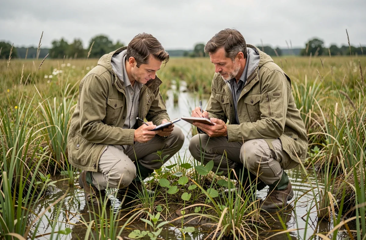 Naturalistes réalisant un inventaire de flore dans une prairie humide