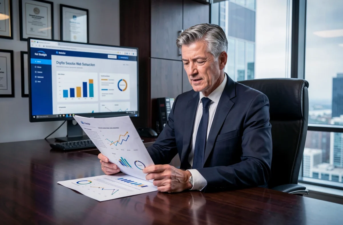 Consultant senior de Net Stratégie analysant une stratégie web digitale dans un bureau exécutif professionnel