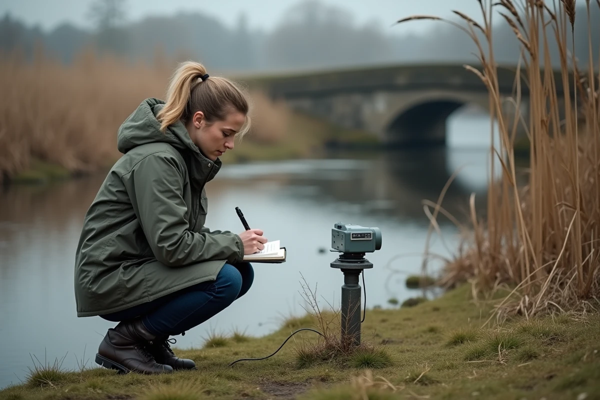 Officière municipale prenant des notes au bord de la rivière
