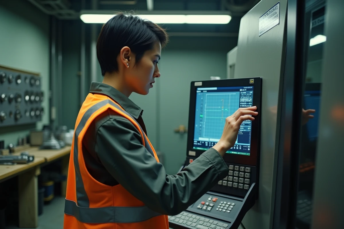 Opératrice CNC programmant une commande numérique dans un atelier de production en petite série