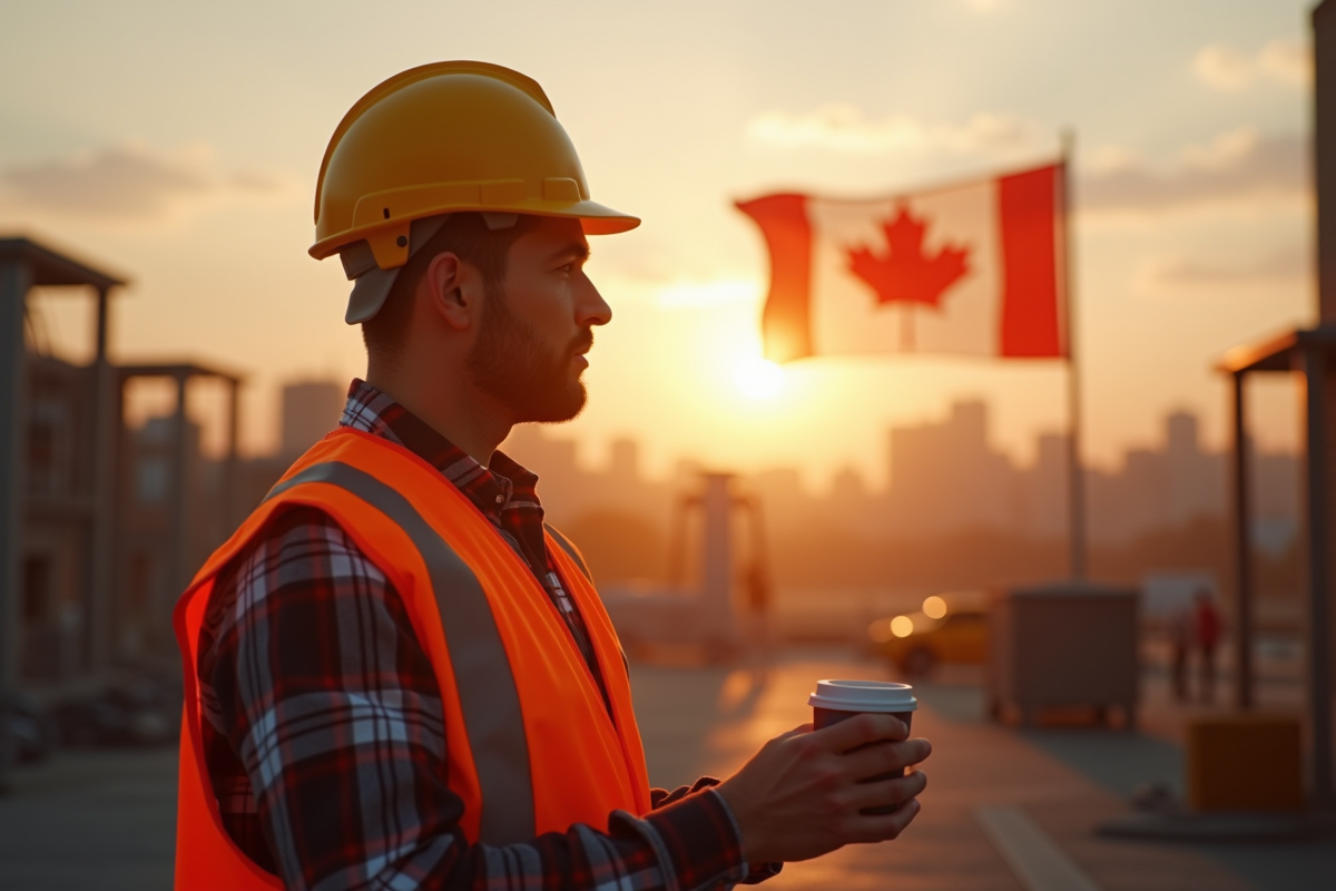 Ouvrier de construction au lever du soleil avec drapeau canadien