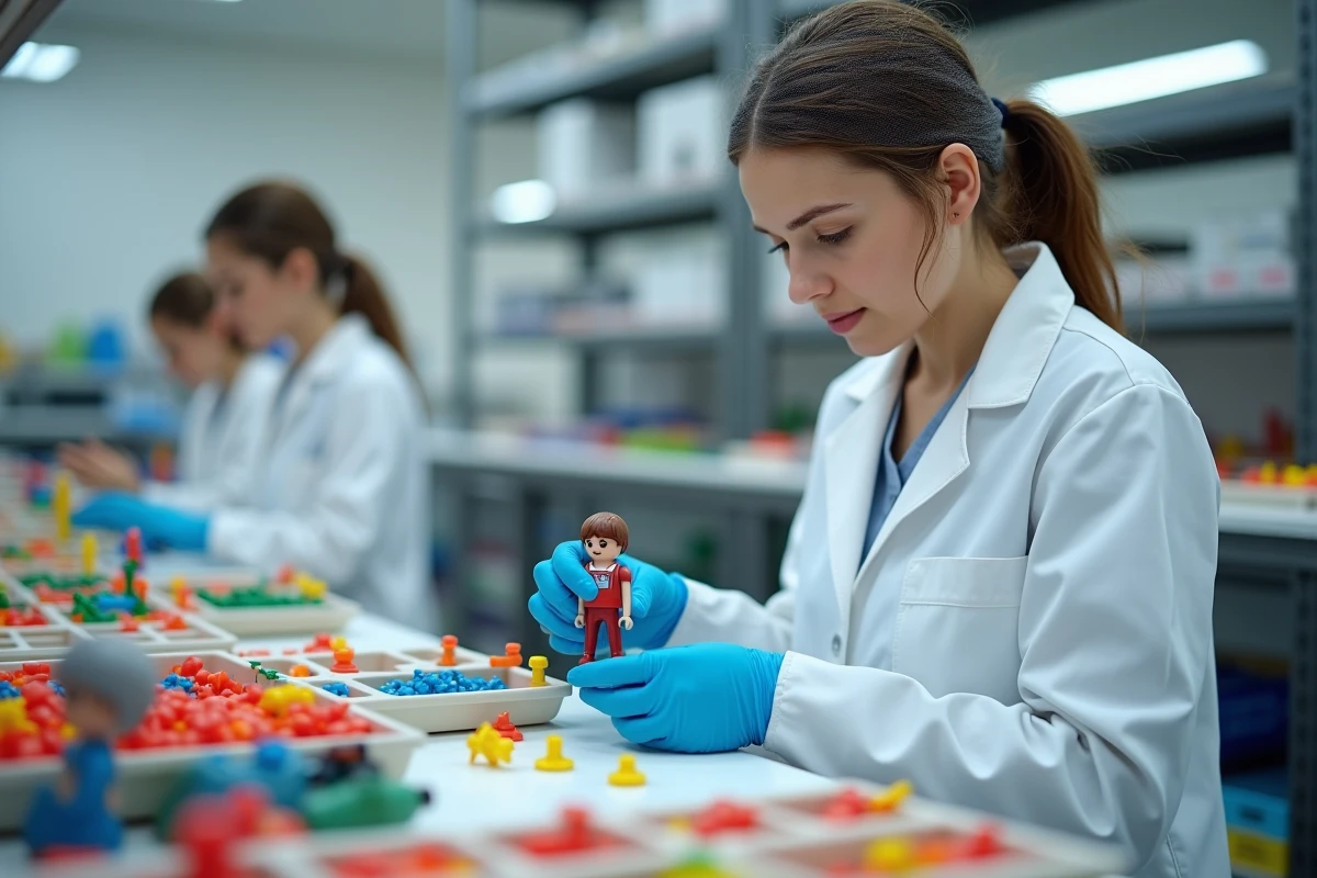Ouvrière assemblant des pièces de figurines Playmobil à la main sur une chaîne de montage dans une usine de jouets en Allemagne