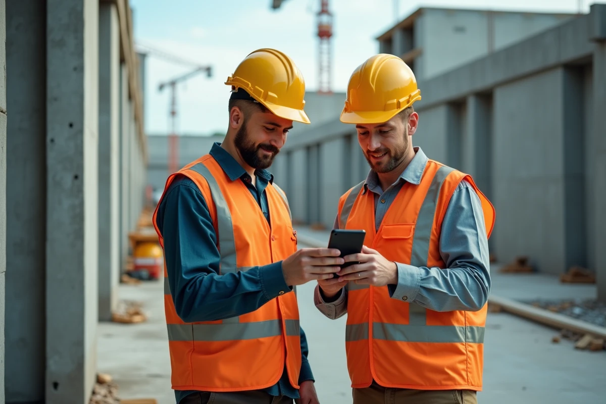 Deux ouvriers du bâtiment consultant ensemble un planning de chantier numérique sur smartphone pour coordonner leurs tâches quotidiennes