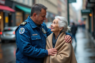 Paramedic en uniforme rassurant une femme âgée sous la pluie