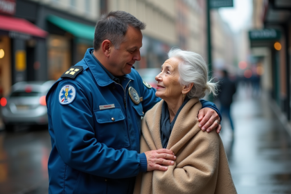 Paramedic en uniforme rassurant une femme &acirc;g&eacute;e sous la pluie