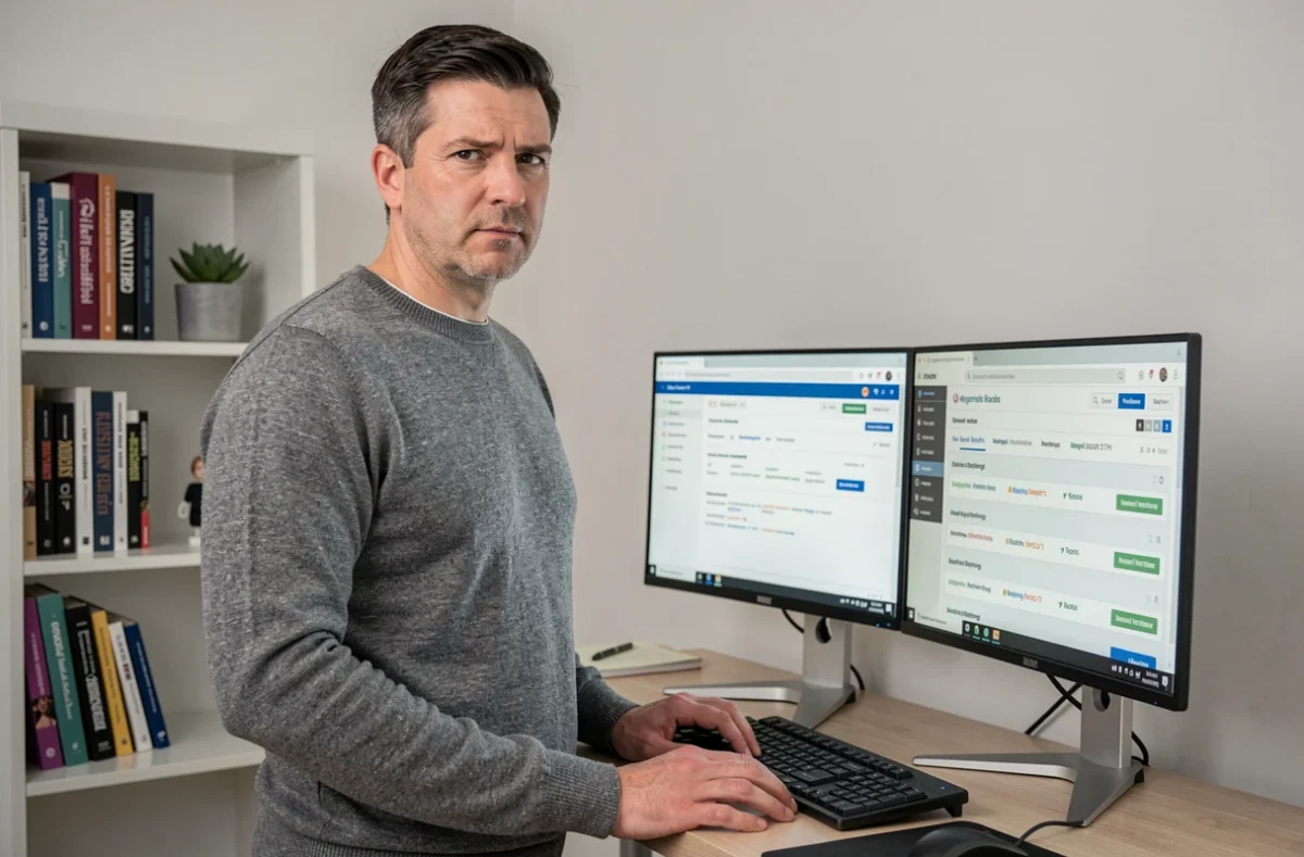 Paul Vengeons, consultant SEO freelance, debout à son bureau avec des outils d'analyse de mots-clés sur deux écrans