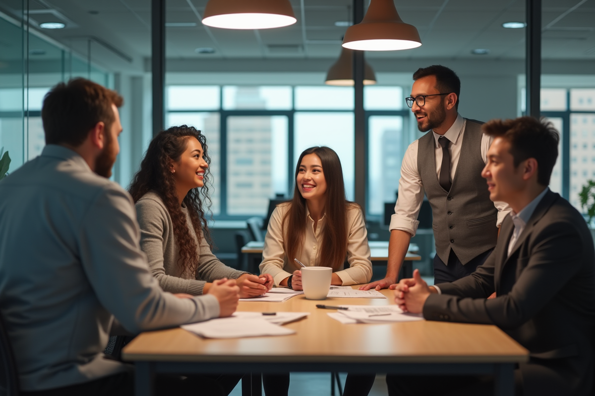 Groupe divers d employes en conversation dans la salle de pause