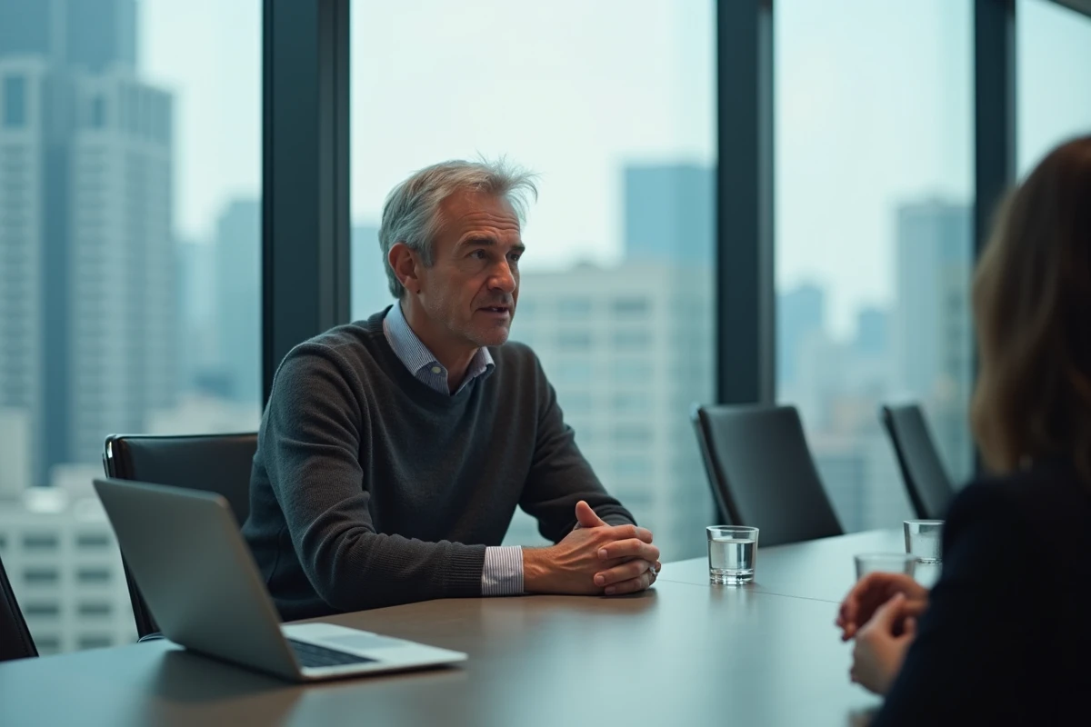 PDG de Apple en réunion stratégique dans une salle de conférence moderne avec vue sur la ville