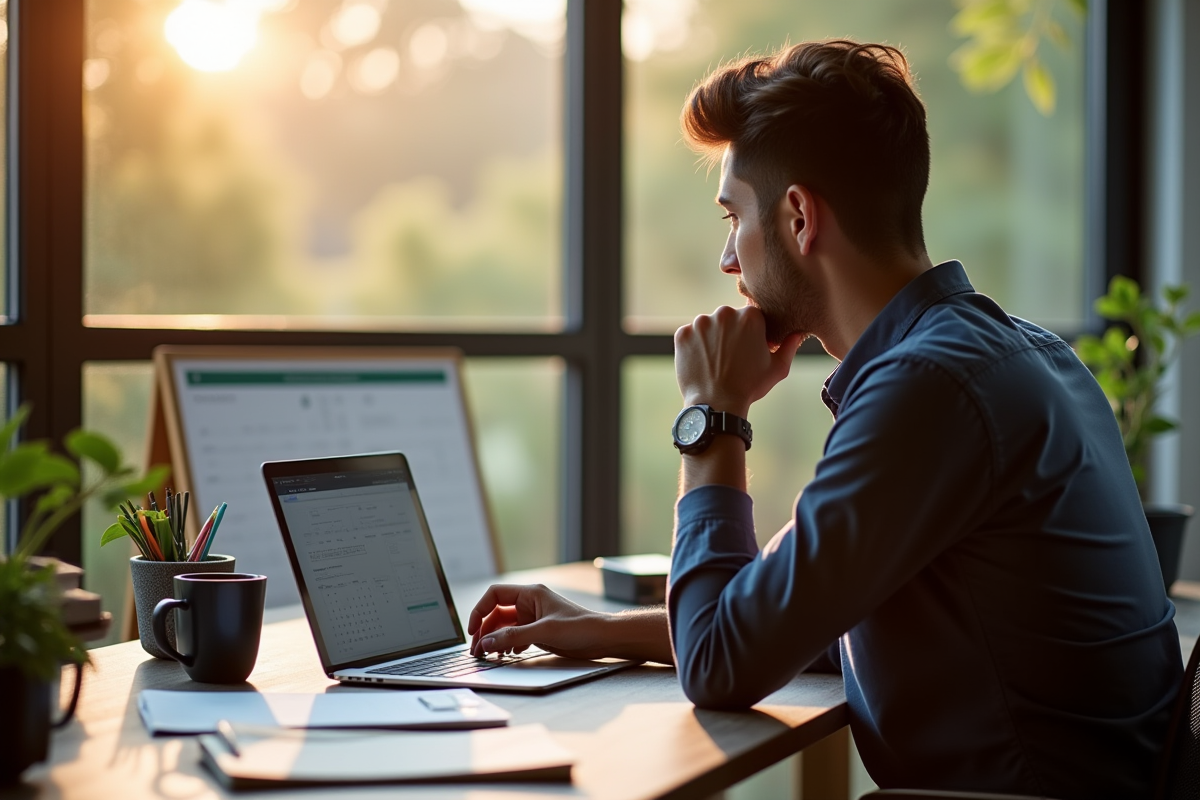 Personne au bureau en lumière du matin avec ordinateur et notes
