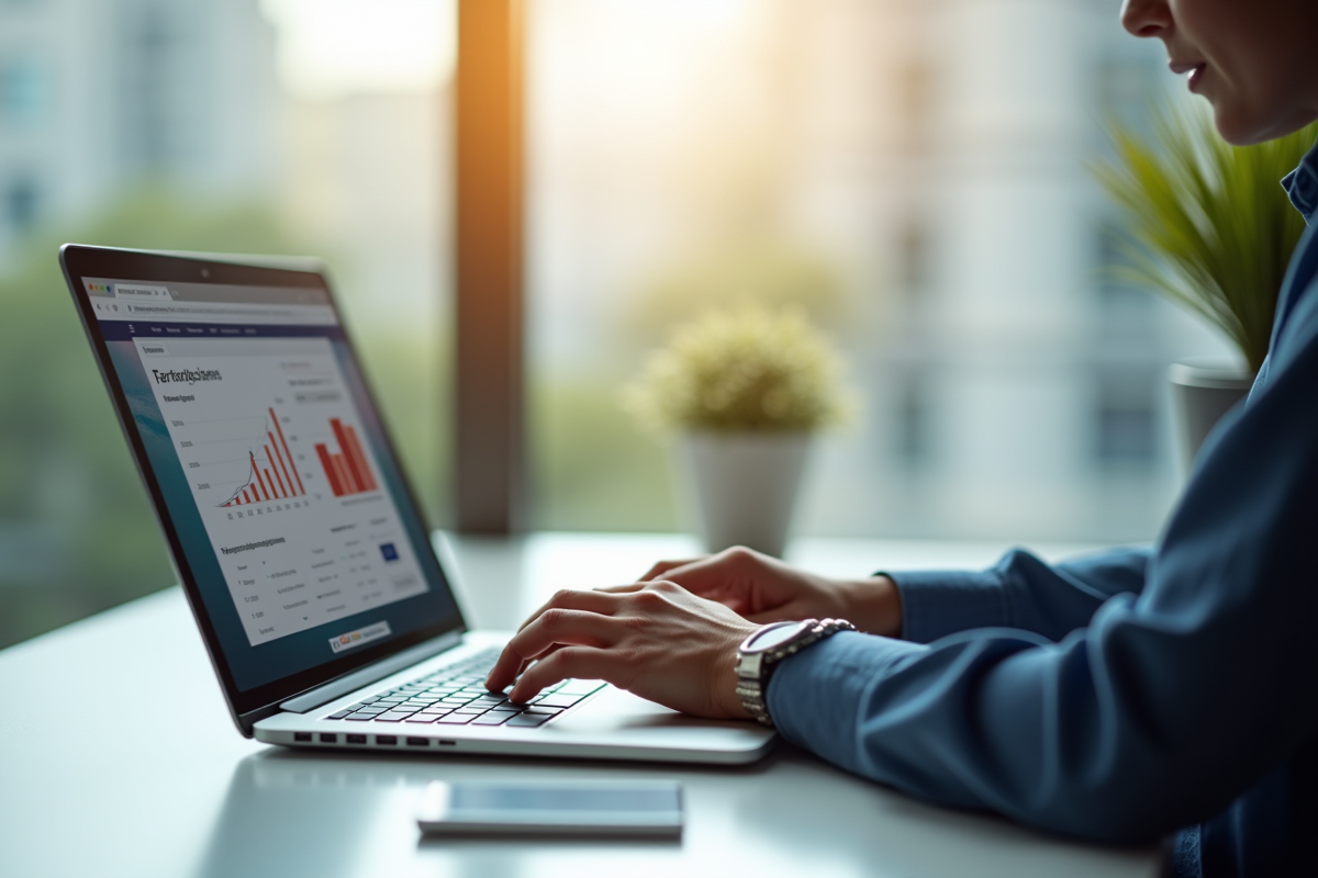 Personne travaillant sur un ordinateur avec analytics lumineux